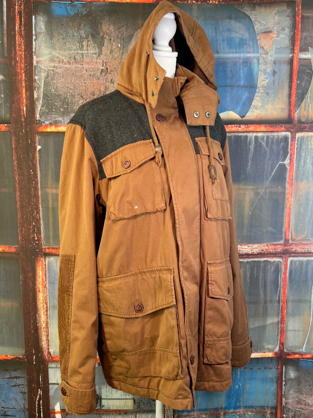 Billabong Men's Hooded Utility Field Jacket Brown Cotton Military Size M